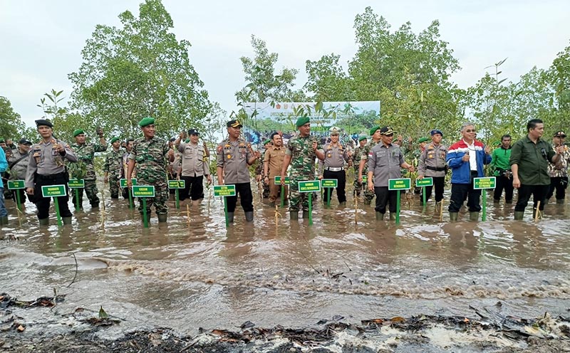 Sempena puncak penanaman mnagrove nasional TNI bekerja sama dengan Polri dan Pemkab Bengkalis menanam 2.000 bibit mnagrove di Desa Pangkalan Jambi, Kecamatan Bukit Batu, Bengkalis, Senin (15/5/2023).